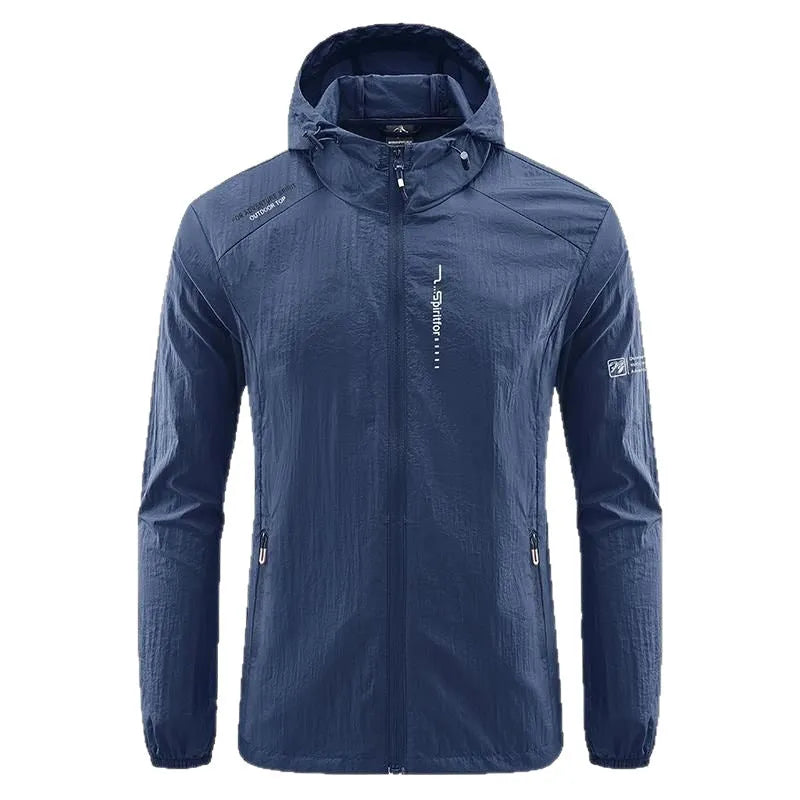 Light grey men's hooded nylon summer jacket on a hanger, loose fit.