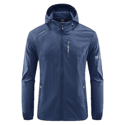 Light grey men's hooded nylon summer jacket on a hanger, loose fit.
