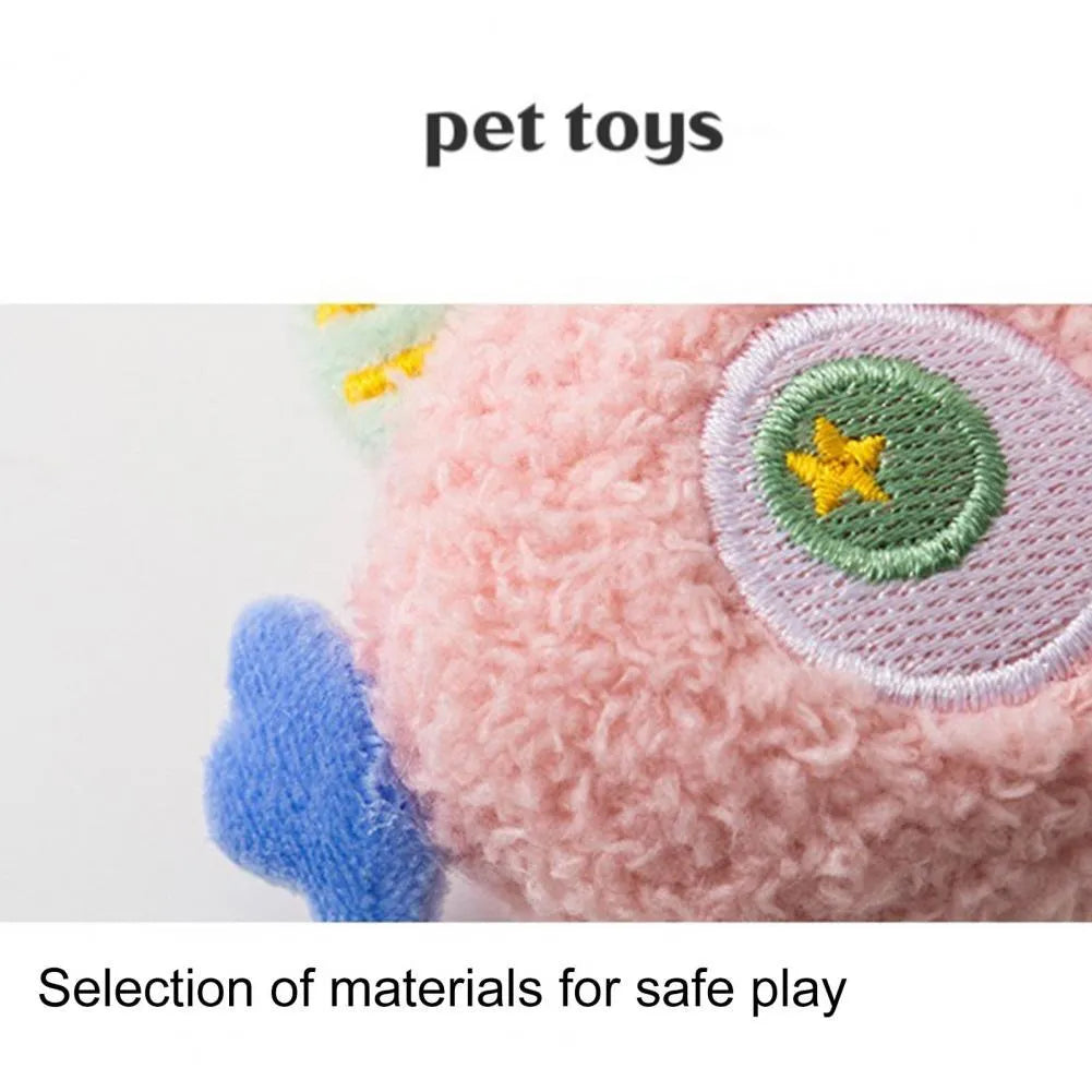 Cartoon-shaped plush dog chew toy with squeaker in grey, green, pink, white or yellow colours