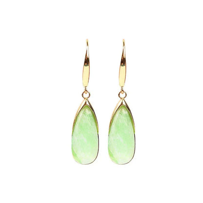 A pair of retro-style geometric copper earrings with water droplet details in a jade-toned electroplated finish.