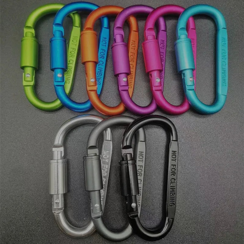 D-type aluminium climbing carabiner with screw-lock gate in bright black colour, 8cm flat design