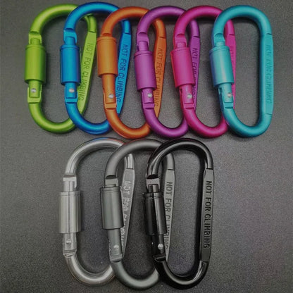 D-type aluminium climbing carabiner with screw-lock gate in bright black colour, 8cm flat design