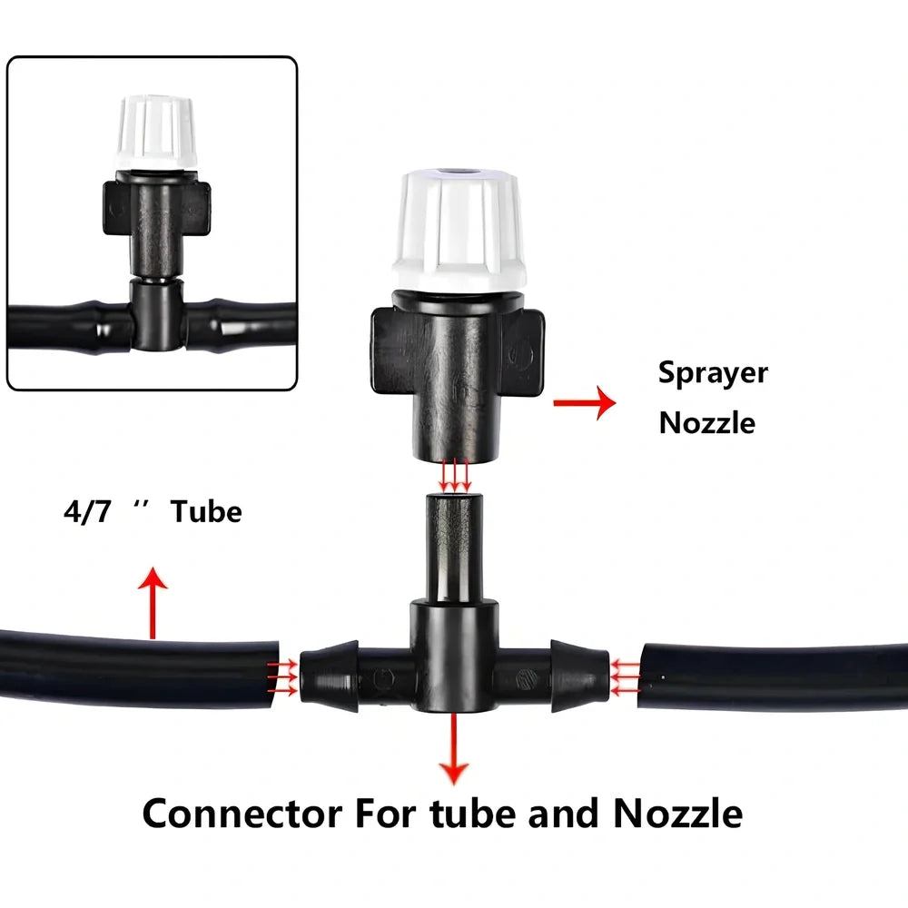 10m garden irrigation hose with 10 spray heads for mist watering and plant temperature control