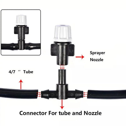 Green 10-metre garden irrigation hose with micro-spray system for water mist cooling