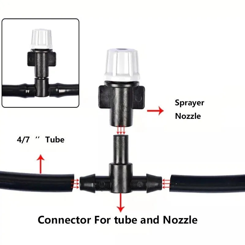 Garden irrigation hose with micro spray system providing water mist cooling and humidification, suitable for family gardening, agricultural production, and public green spaces, 10m length with 10 spray suit setup in green colour