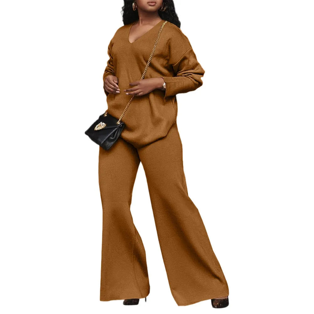 Women's brown suede two-piece suit with split sleeves and trousers, sizes S to 3XL