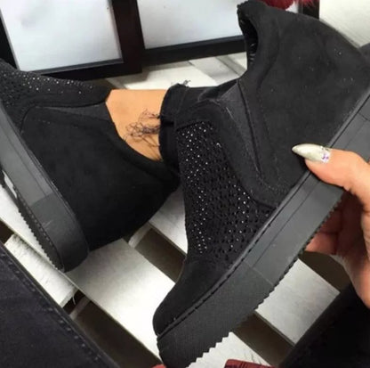 Idle Rhinestone Hollow Loafers for Women in black, purple, grey, and light blue with high heel and waterproof platform