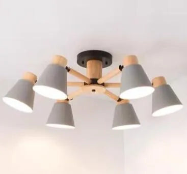 Nordic Macaron ceiling lamp with ironwood construction and multiple light heads in various colour options