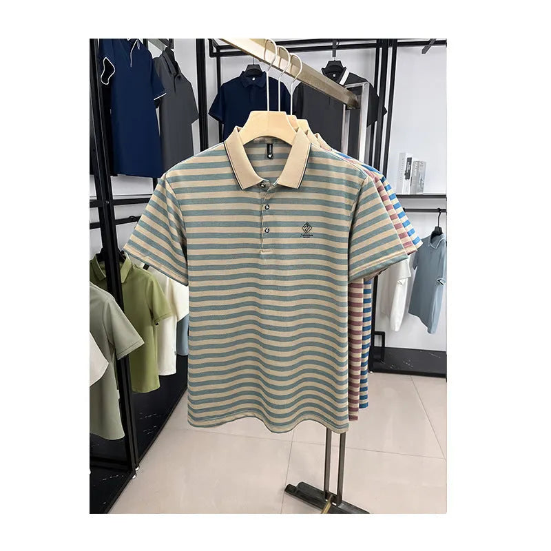 Men's striped mosaic pattern short sleeve casual top in blue, showing size label and fabric detail