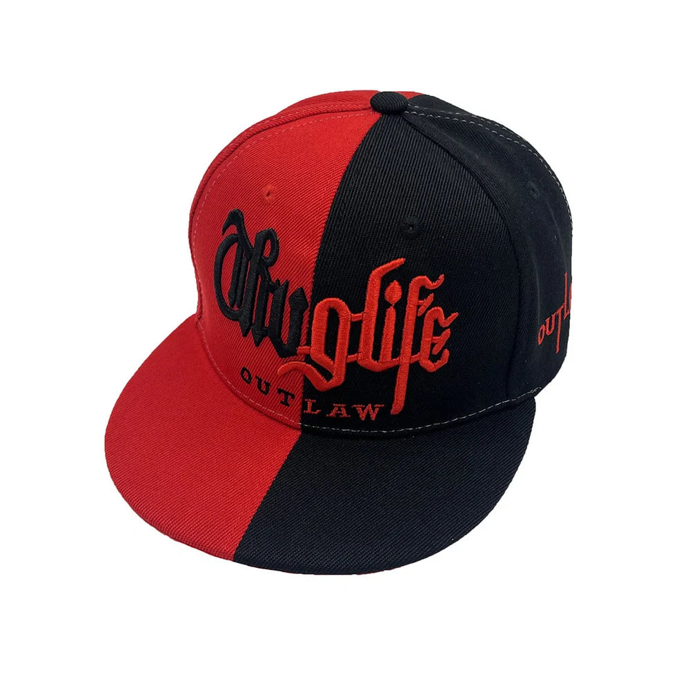Street hip hop hat with embroidered letters in two colours on dome crown, adult sizing 56-60cm