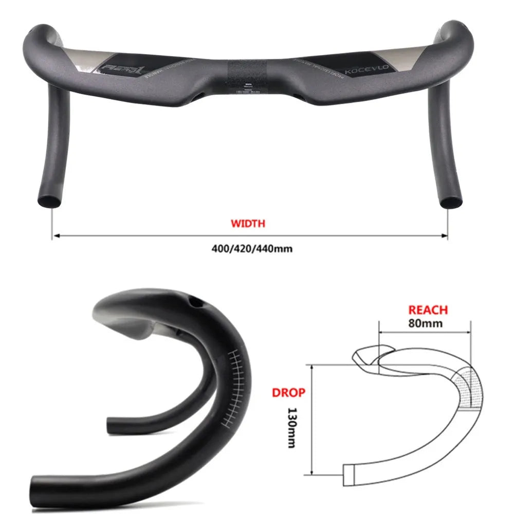 Matte black carbon fibre road bike drop handlebar showing bent shape.