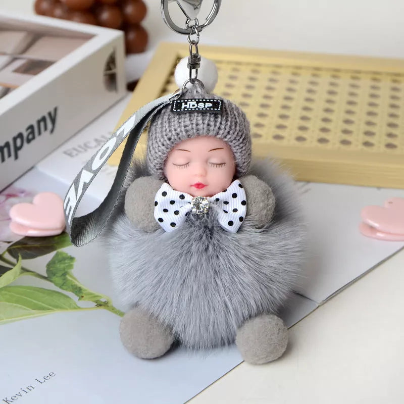 Hand-woven fox fur sleeping doll keychain pendant with optional bow
