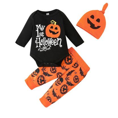Baby wearing Halloween jumpsuit, trousers, and hat set with letters pattern and removable hood