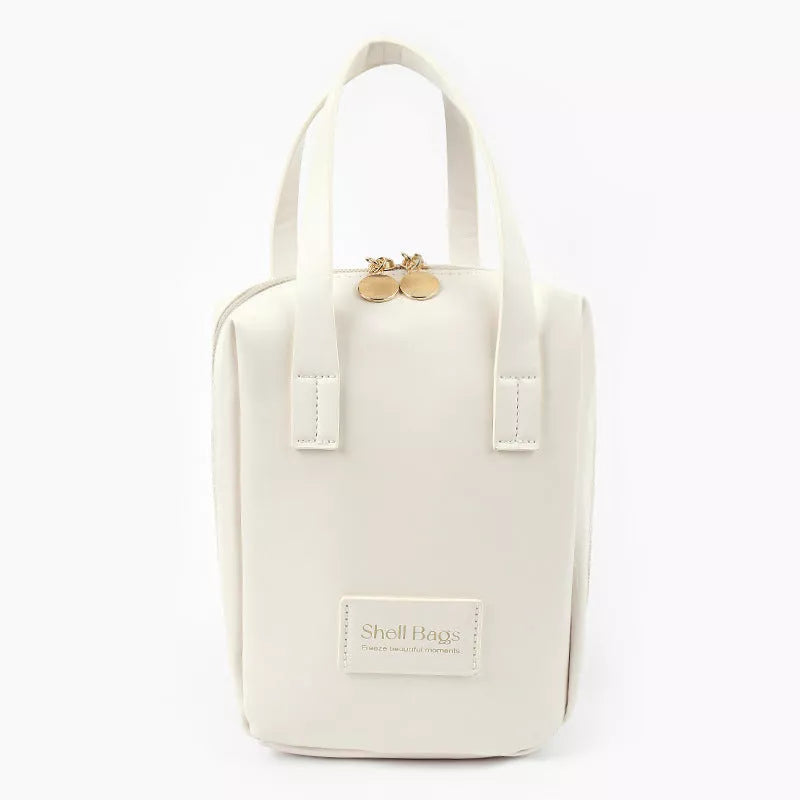 Girly Heart Egg Shell Waterproof Makeup Bag in pink and white with sewing line design