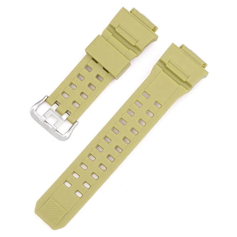 Camouflage pattern TPU watchband with silver buckle showing 12+7cm length and 2mm thickness