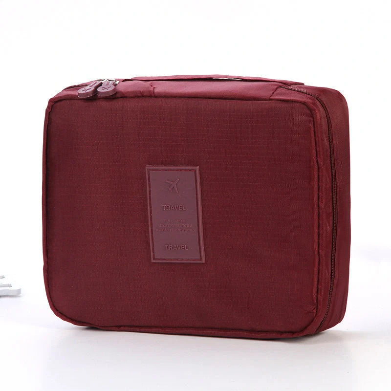 Stylish portable makeup bag with waterproof divider, multi-compartment storage, and variety of color options