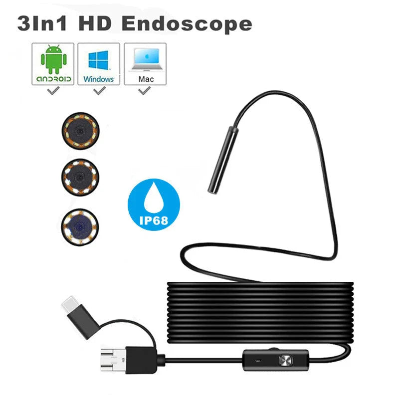High-definition endoscope camera with 1200P HD resolution, adjustable LED lights, and waterproof design for versatile use on smartphones, tablets, and PCs.