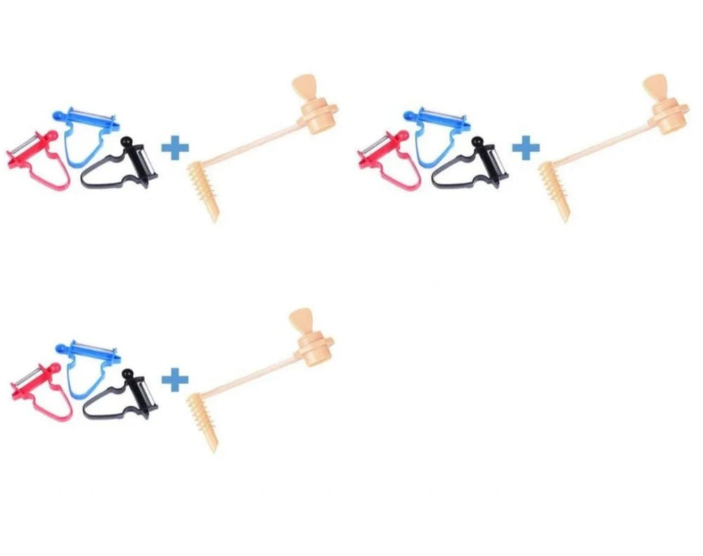 Stainless steel vegetable peeler set with black, blue, red handles and dual swivel blades