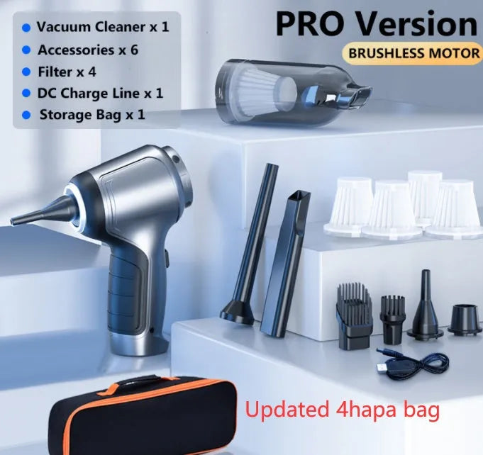 Brushless handheld and vertical car vacuum cleaner with 12000Pa suction, shown with optional EVA storage bag.