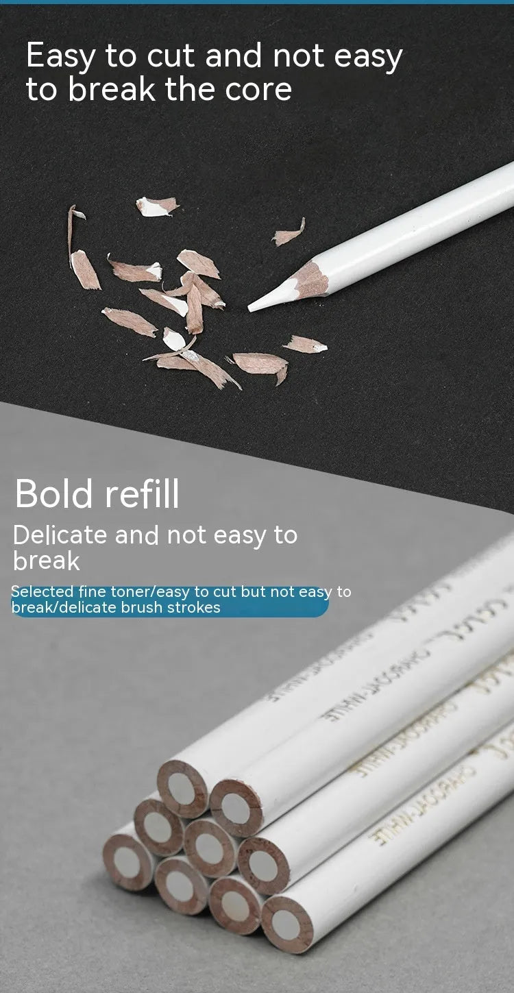 Three white charcoal pencils with wooden barrels for sketching on dark paper