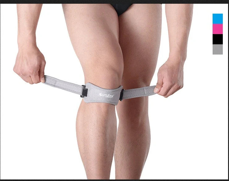 Adjustable Patella Brace in black, white, blue, and pink for knee support and injury prevention