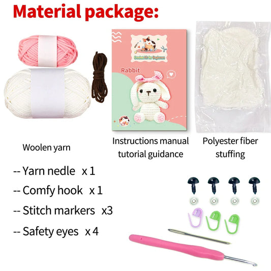 Lop eared rabbit wool DIY crochet doll kit with complete 1-piece wool suit for 15cm tall rabbit creation
