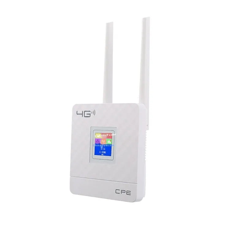 CPF903 white 4G LTE router with two black external antennas attached, alongside USB cable and power adapter.