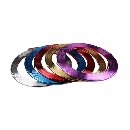 Electroplated purple wheel hub trim stickers on 8 metre roll with anti-collision strip