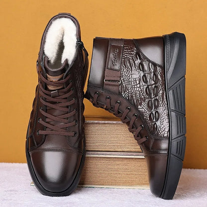 Black fur-lined genuine leather lace-up snow boots with a textured rubber sole on a wooden floor.