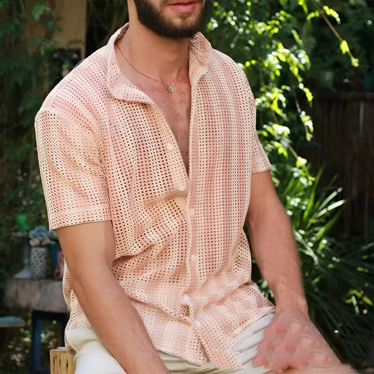 Men's pink waffle texture short-sleeved shirt in loose fit cardigan style for summer casual wear