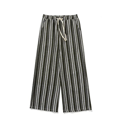 Vintage stripe loose straight mopping pants in cotton blend fabric showing straight leg and mid waist design