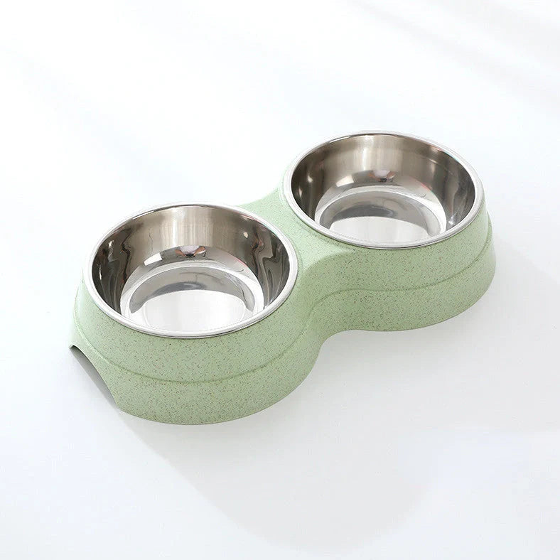Double pet bowl with stainless steel insert and straw base in blue, showing separate food and water compartments