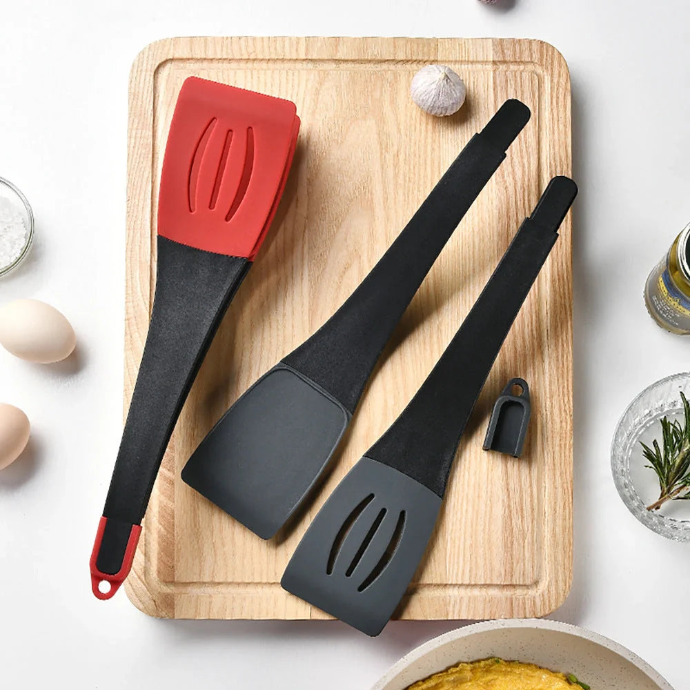 3-in-1 silicone food clip spatula for flipping, scraping, and cooking