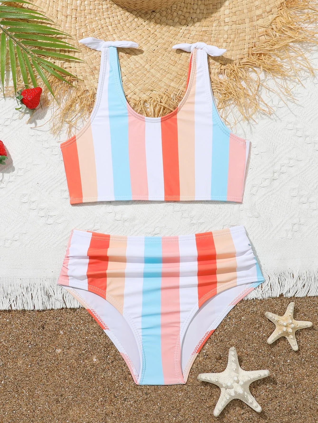 Girls' plaid print two-piece swimsuit bikini set on a white background