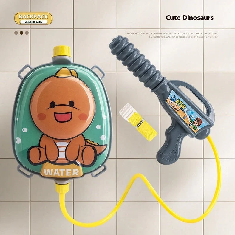 Children's backpack water gun with 1500ml capacity showing dinosaur character design and adjustable shoulder straps