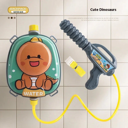 Children's backpack water gun with 1500ml capacity showing dinosaur character design and adjustable shoulder straps