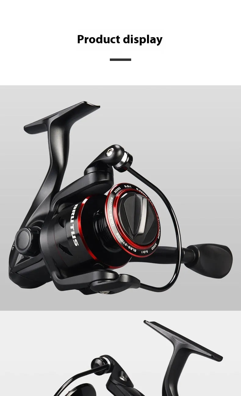 All-metal spinning fishing reel and collapsed telescopic rod combo on a background