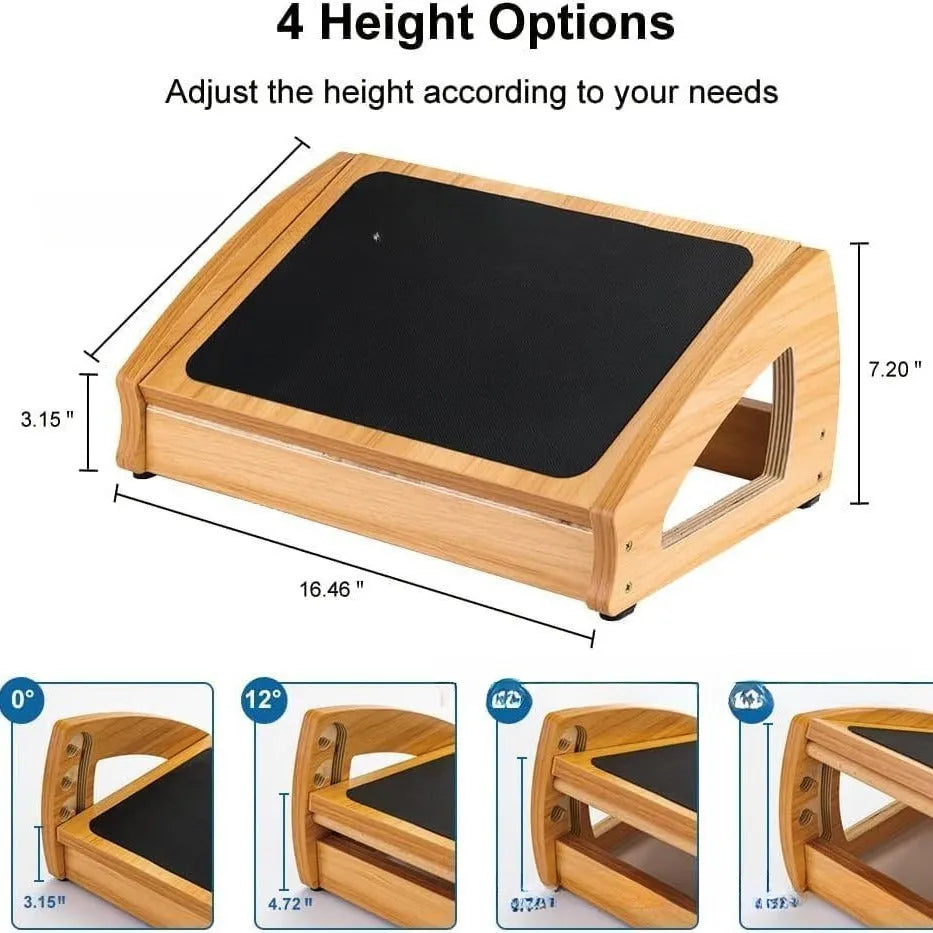 Wooden adjustable bamboo office desk footstool in natural wood colour with modern minimalist design