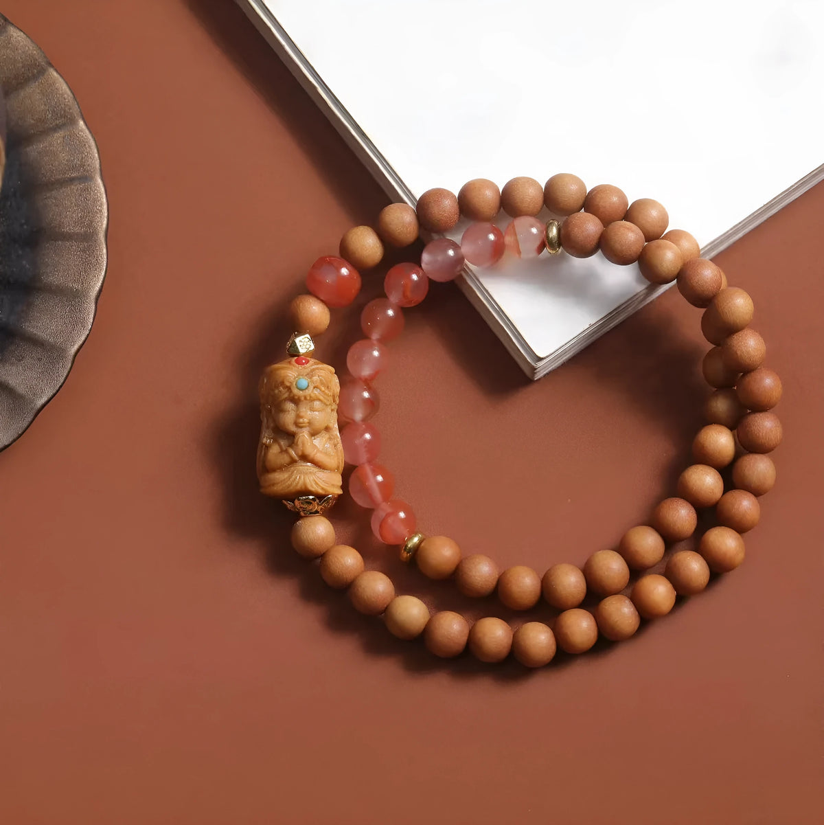 Sandalwood South Red Zachilam bracelet with South Red Double Circle, 6mm round wooden beads, brown unisex woven national style