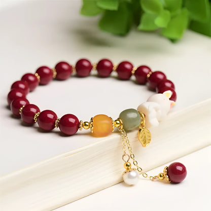 Natural cinnabar rabbit bracelet in beeswax purple and gold sand, national style, shown in 8mm and 10mm sizes.