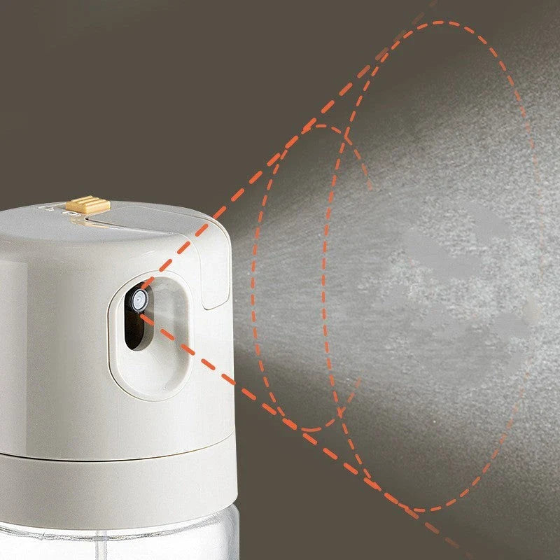 Versatile oil sprayer and pourer made of sturdy soda-lime glass, with automatic opening and closing mechanism for one-handed operation and dual spraying and pouring functions