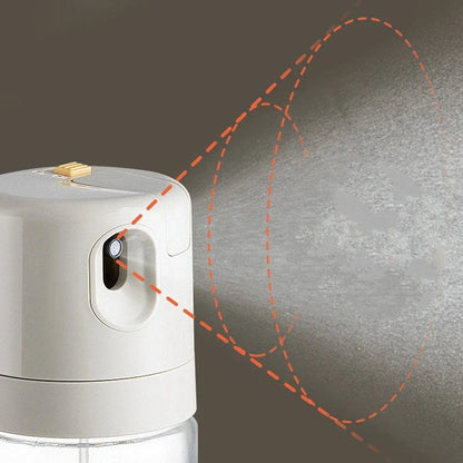 Versatile oil sprayer and pourer made of sturdy soda-lime glass, with automatic opening and closing mechanism for one-handed operation and dual spraying and pouring functions