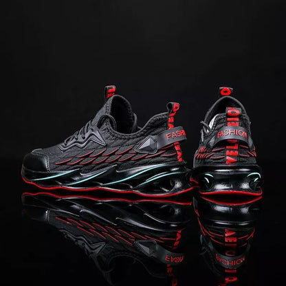 Breathable mesh running shoes with thick rubber sole in black and red or grey and orange