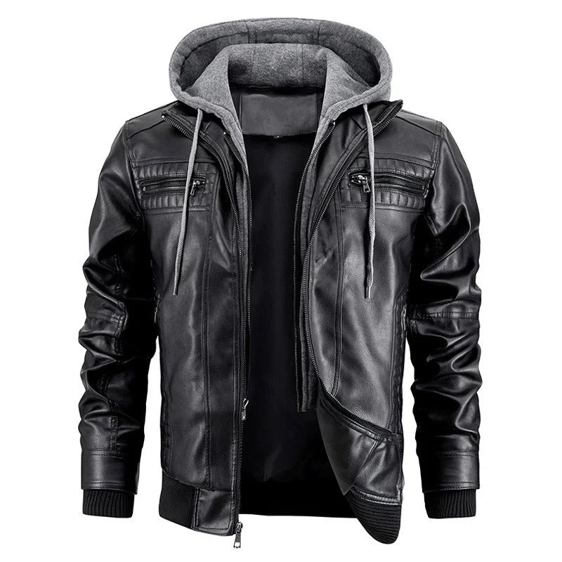Men's black and brown hooded PU leather jacket with zipper pockets