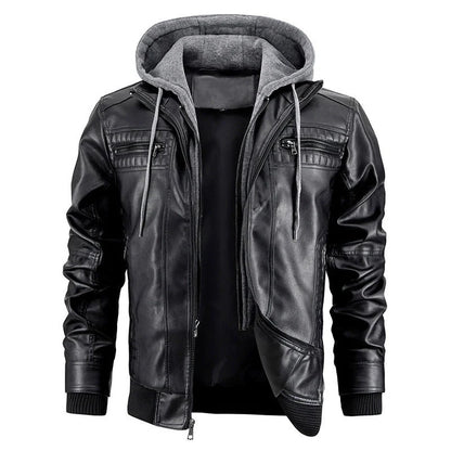 Men's black and brown hooded PU leather jacket with zipper pockets