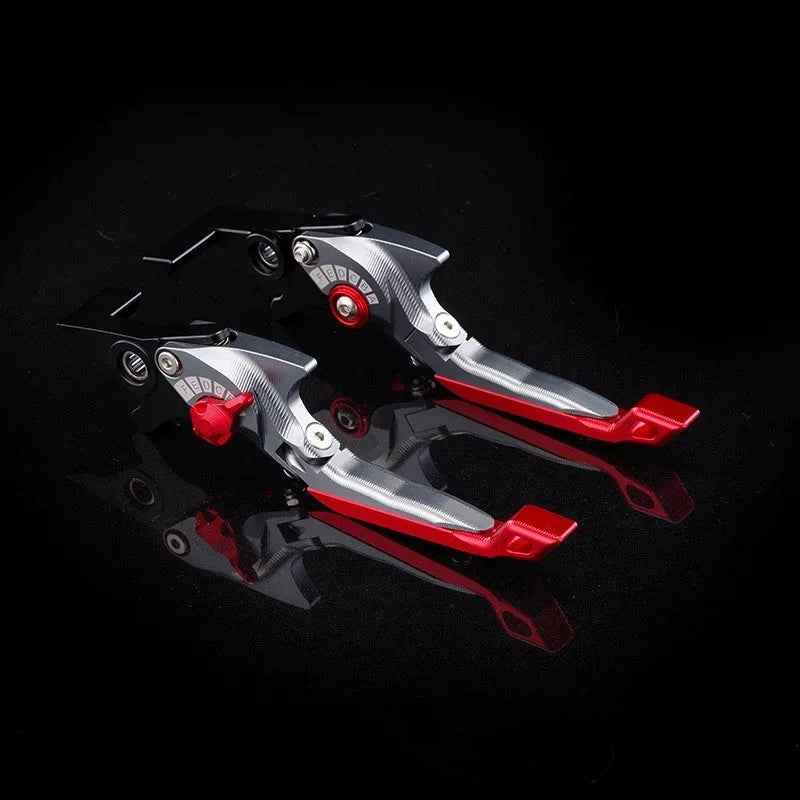 Motorcycle horn handle brake and clutch lever set in anodised metal with adjustable mechanism