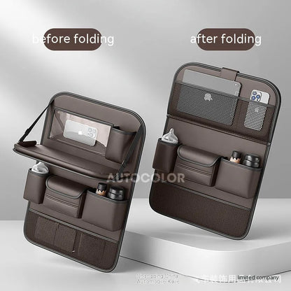 Leather car seat lazyback storage bag with foldable dining table, waterproof, 1.2kg, 48 x 25 x 6cm, in four colours.