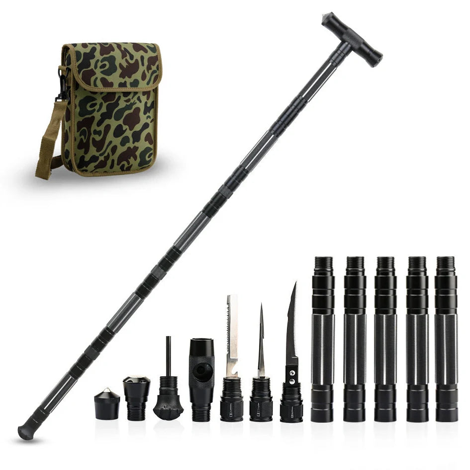 Black aluminium climbing pole with T-handle extended to 145cm beside camouflage storage bag