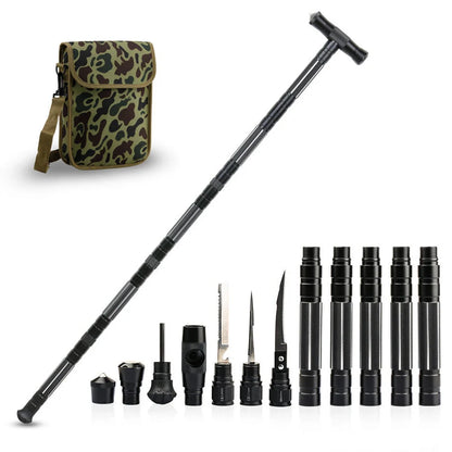 Black aluminium climbing pole with T-handle extended to 145cm beside camouflage storage bag