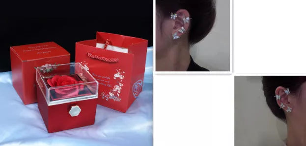 Rotating soap flower rose gift box with jewelry drawer in red, blue, lake blue, or pink